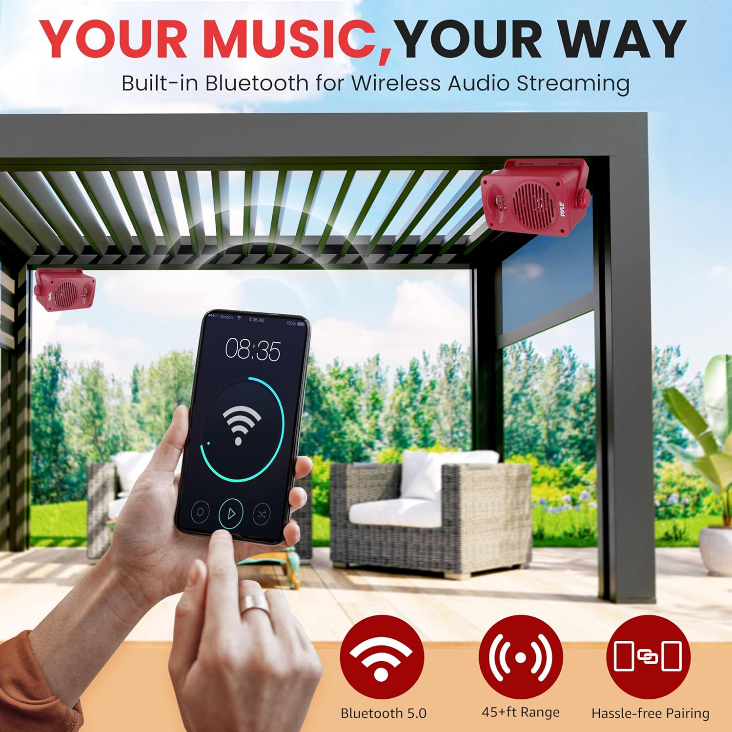 Pyle 200 Watt Bluetooth Indoor Outdoor Speakers Pair - Dual Waterproof 3.5” 2-Way Full Range Speaker System w/ 1/2” High Compliance Polymer Tweeter | Home, Boat, Marine, Deck, Patio, Poolside (Red) - Image 4