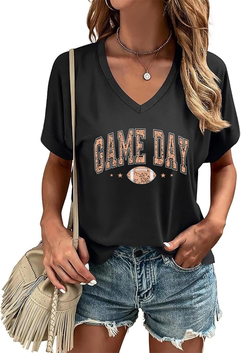 Game Day Football Shirts for Women: Football Mom T-Shirts Gameday Outfits Funny Vneck Short Sleeve Tees - Image 2