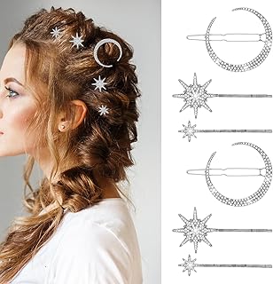 6 PCS Moon Star Hair Clips Vintage Rhinestone Moon Star Hair Pin Celestial Hairs Accessories Stars Bobby Pins Crystal Metal Alloy Bride Wedding Hairs Pins for Women Girls (Silver)