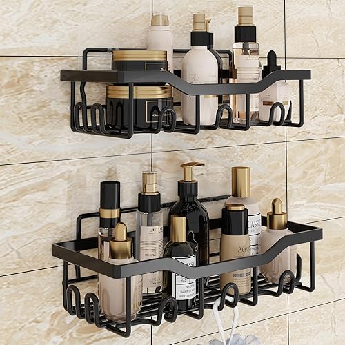 Organizador de ducha, paquete de 2 organizadores adhesivos para ducha con 14 ganchos, 4 adhesivos, sin perforaciones, estante de ducha inoxidable