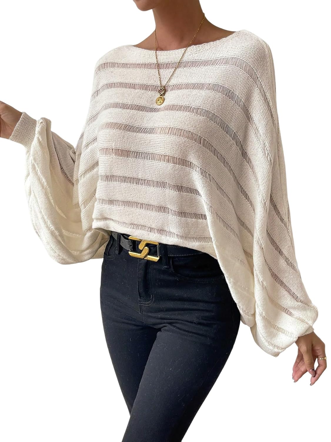 SweatyRocks Womens Oversized Boat Neck Sweater Ripped Knit Long Sleeve Casual Pullover Tops White Large