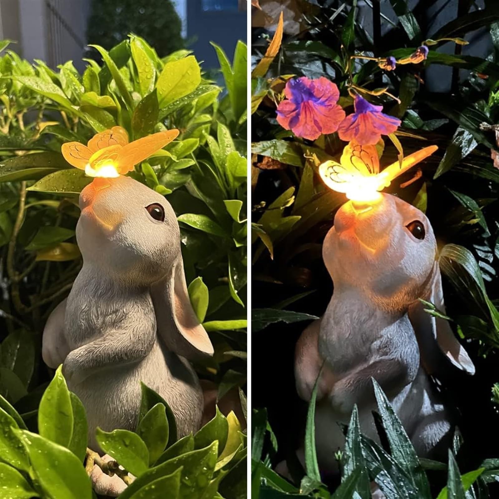 Statua Giardino Solare Coniglio Con Farfalla E Luci LED Calde - Ornamento Per Esterno, Regalo Per Giardinaggio, Decorazione Da Cortile