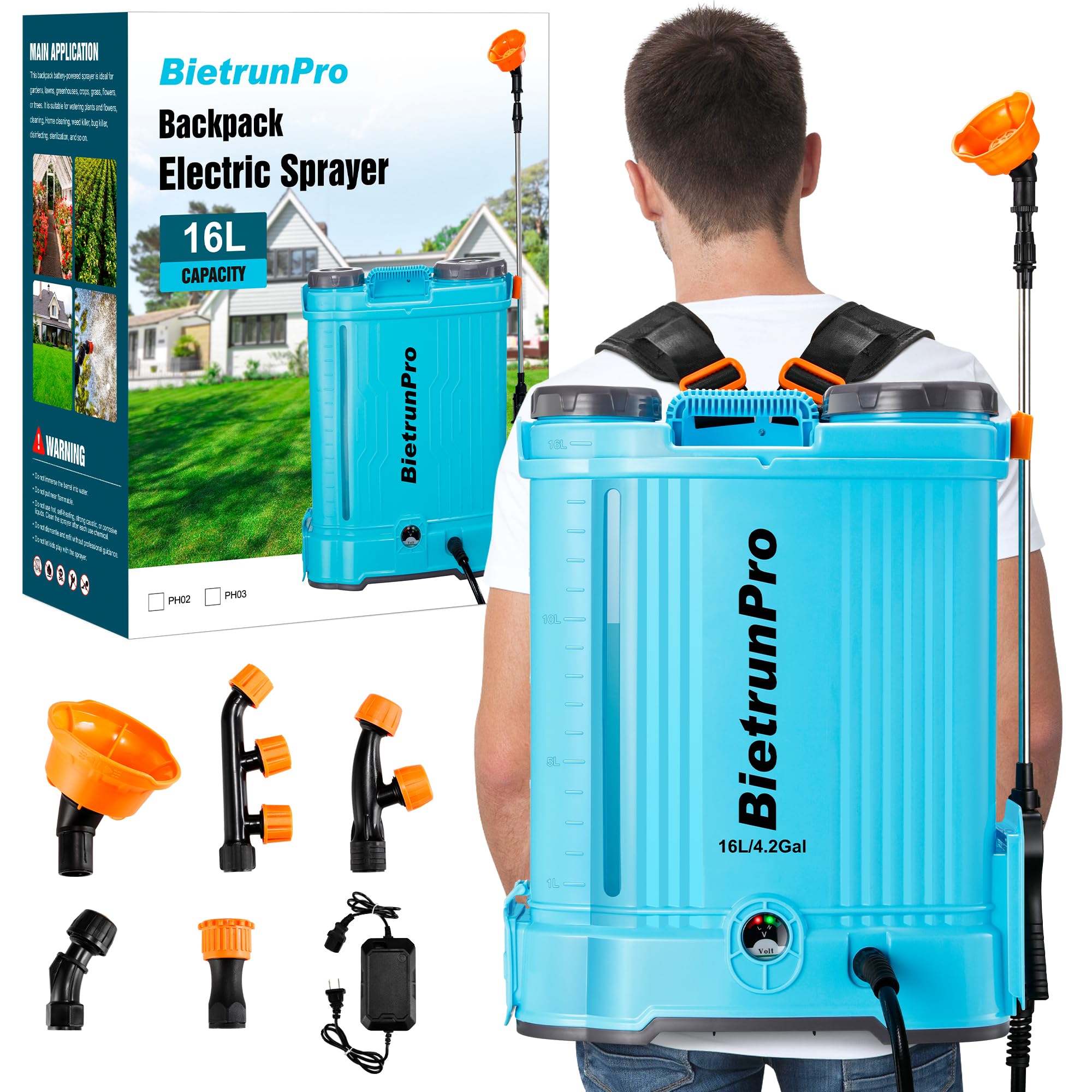 Electric Backpack Weed Sprayer 4 Gallon with Mixer, Battery Operated Power Spray, Continuous Spray 4 Hours, 100 PSI Adjustable Pressure Sprayer, for Lawn Garden Farm Watering, WeedKiller, Insecticide