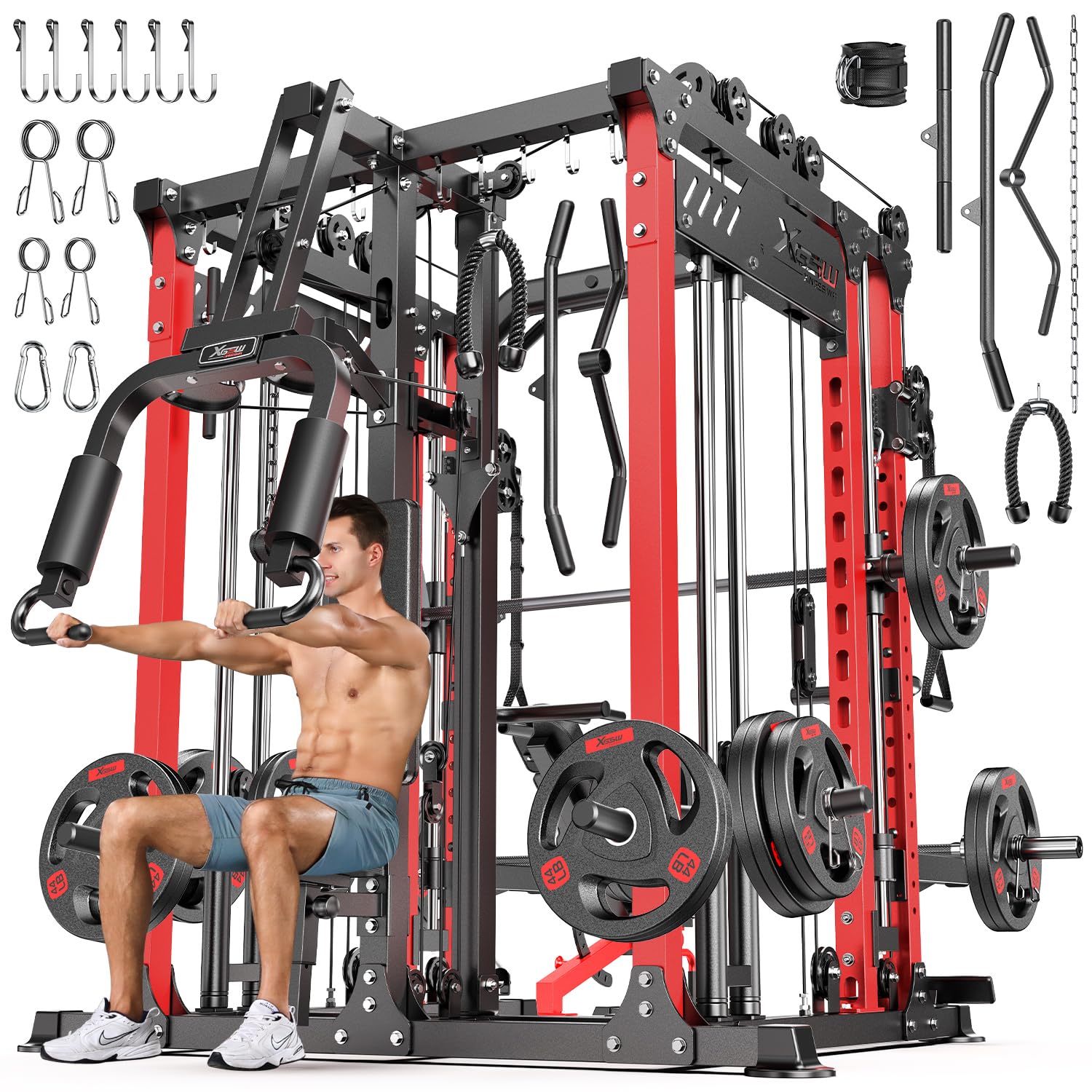Smith Machine with Cable Crossover System, Multi-Function Power