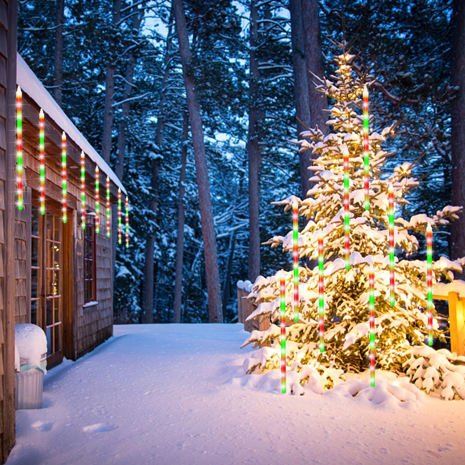 24 Tubes Meteor Shower Lights, Outdoor Icicles Christmas Decor, 12 Inch 864 LED Snow Falling Iciclelights, Connectable Raindrop, Xmas Wedding Party Tree Holiday, Red & Green