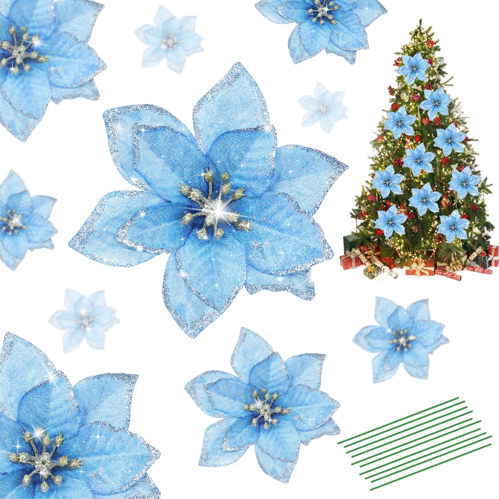 Yueshop 10pcs Christmas Glitter Poinsettia Flowers Ornament Christmas Tree Wreath Decoration Artificial Wreath Flowers for Xmas Tree Ornaments Decor (Blue) - Image 2
