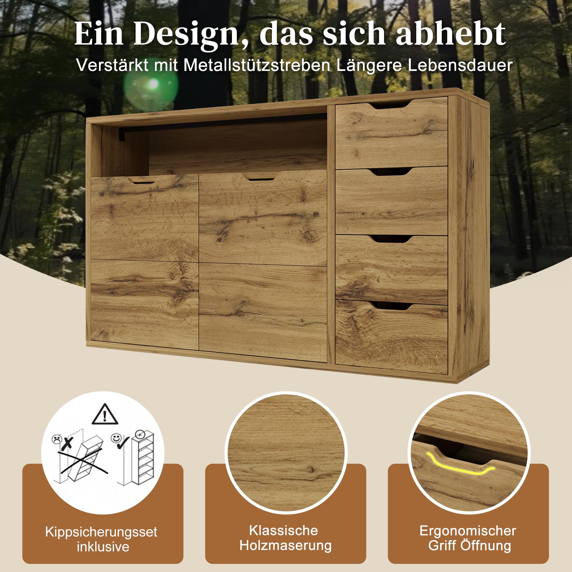 BTM Mobile Contenitore 150x40x90 cm, Rovere, 2 Ante, 4 Cassetti, Ripiani Regolabili