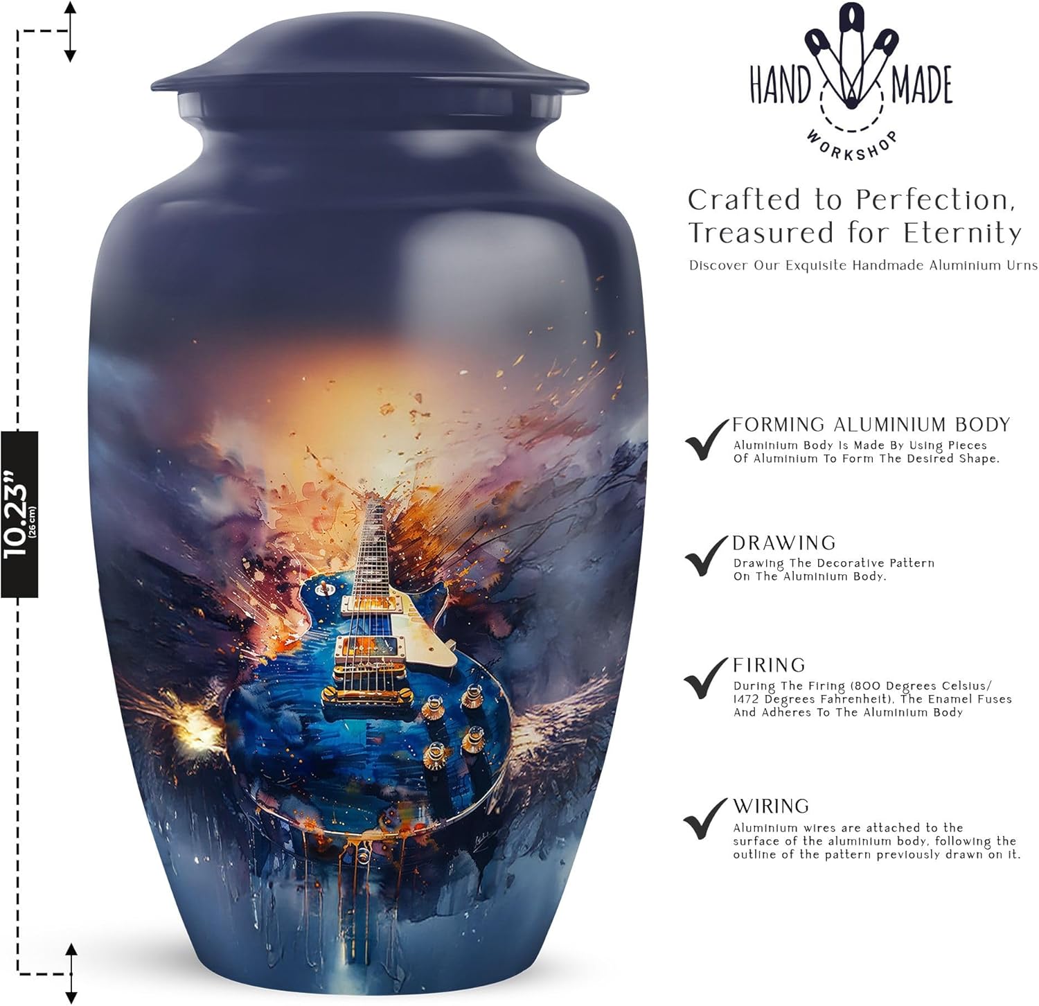 Guitar Cremation Urn for Human Ashes, Decorative Musical Memorial Urns for Adults Men & Women, Dark Blue, 10 Inch