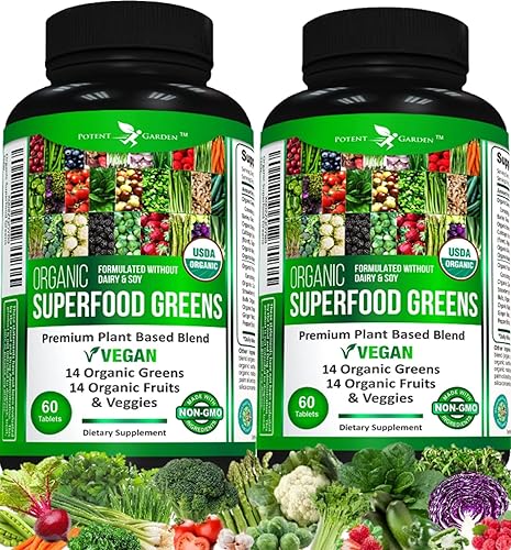 Potent Garden Paquete de 2 superalimentos orgánicos, suplemento de frutas y verduras rico en vitaminas y antioxidantes con alfalfa, raíz de