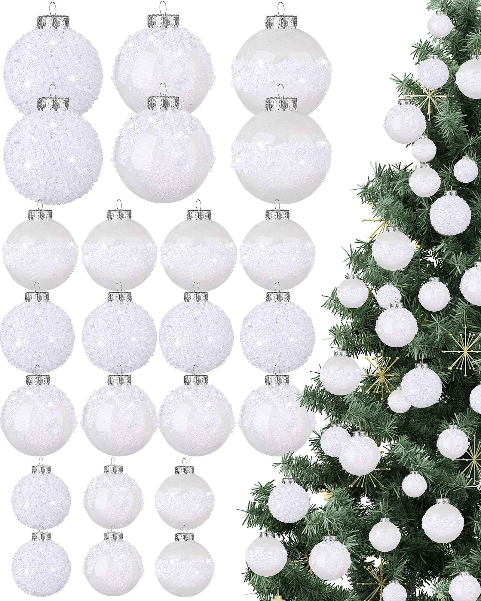 Civaner Juego de 24 adornos de bolas de Navidad con purpurina de 3.2 pulgadas, 2.4 pulgadas, 1.6 pulgadas, bolas inastillables para adornos de árbol de Navidad, bolas de Navidad colgantes de