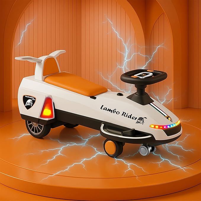 Kidsmate Lambo Rider 2-in-1 Electric & Manual Swing Car | Battery-Operated Ride-On for Kids 1-4 Years | LED Lights, Music & Smooth PU Wheels for Endless Fun - White