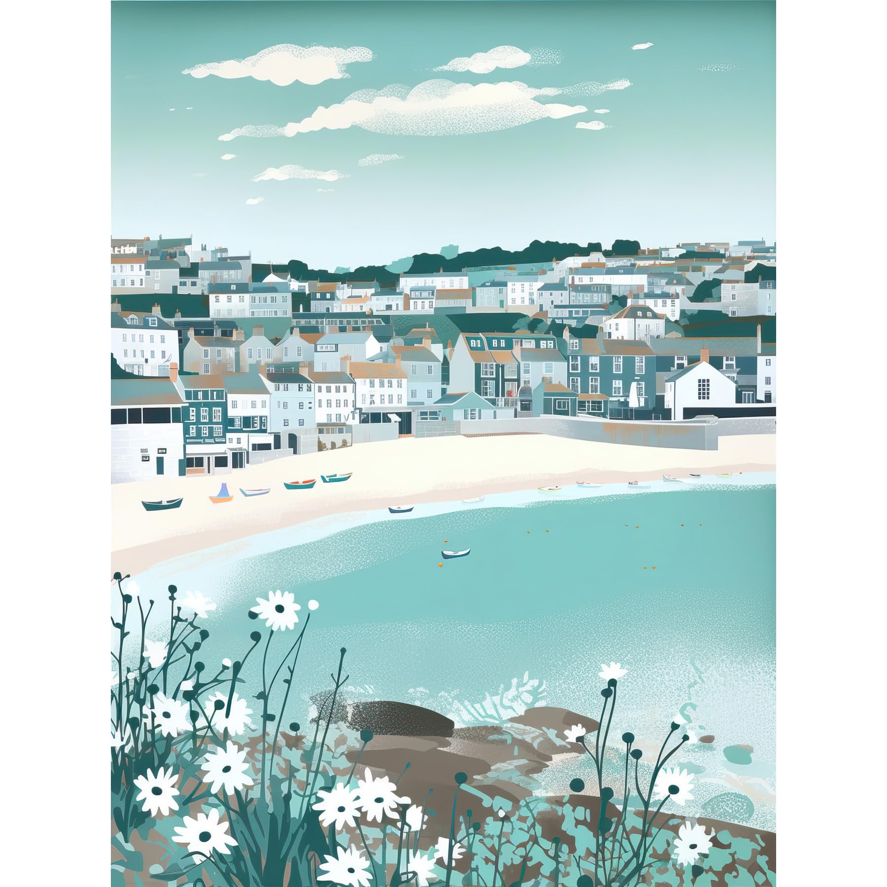 Artery8 St Ives Bay Daisies Soft Pastel Coastal Cityscape Large Wall Art Poster Print Thick Paper 18X24 Inch