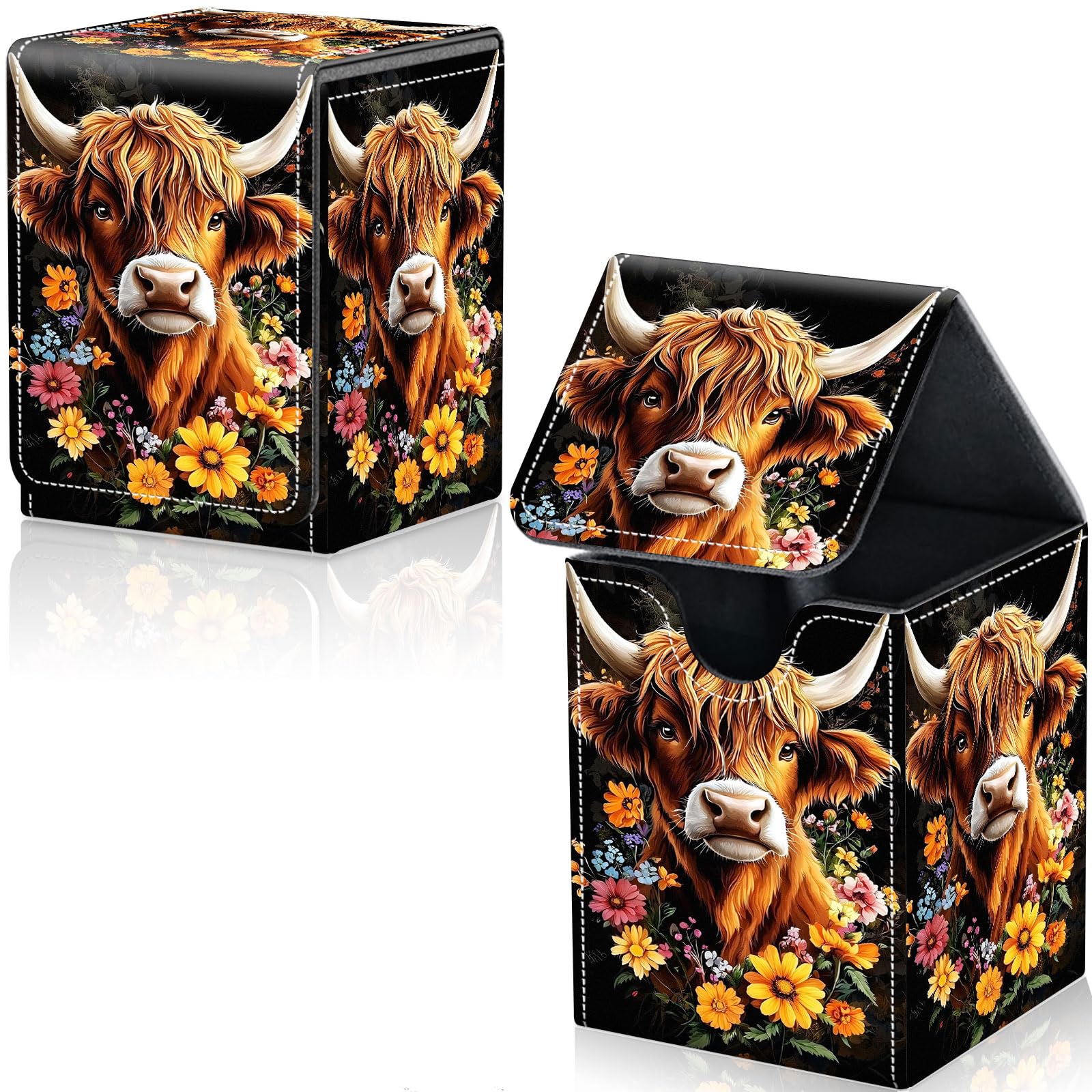 Qindaiwen Card Deck Box for Trading Cards, MTG Deck Box Fits 100+ Single Sleeved Cards, PU Leather Strong Magnet Card Deck Case Holder for Magic Commander TCG CCG, Cute Highland Cow