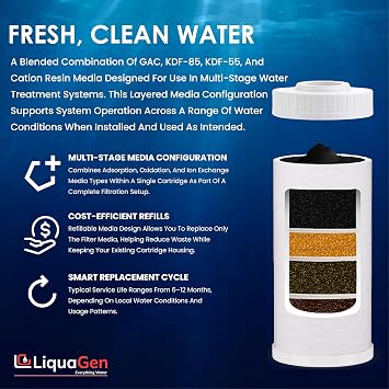 LiquaGen Carbon + KDF-55 & KDF-85 Water Filter Replacement Cartridge Helps Manage Chlorine, Iron & Sulfur Odor, Refillable, Universal 2.5 x 10, 2.5 x 20, 4.5 x 10, 4.5 x 20 (4, 4.5 x 10)
