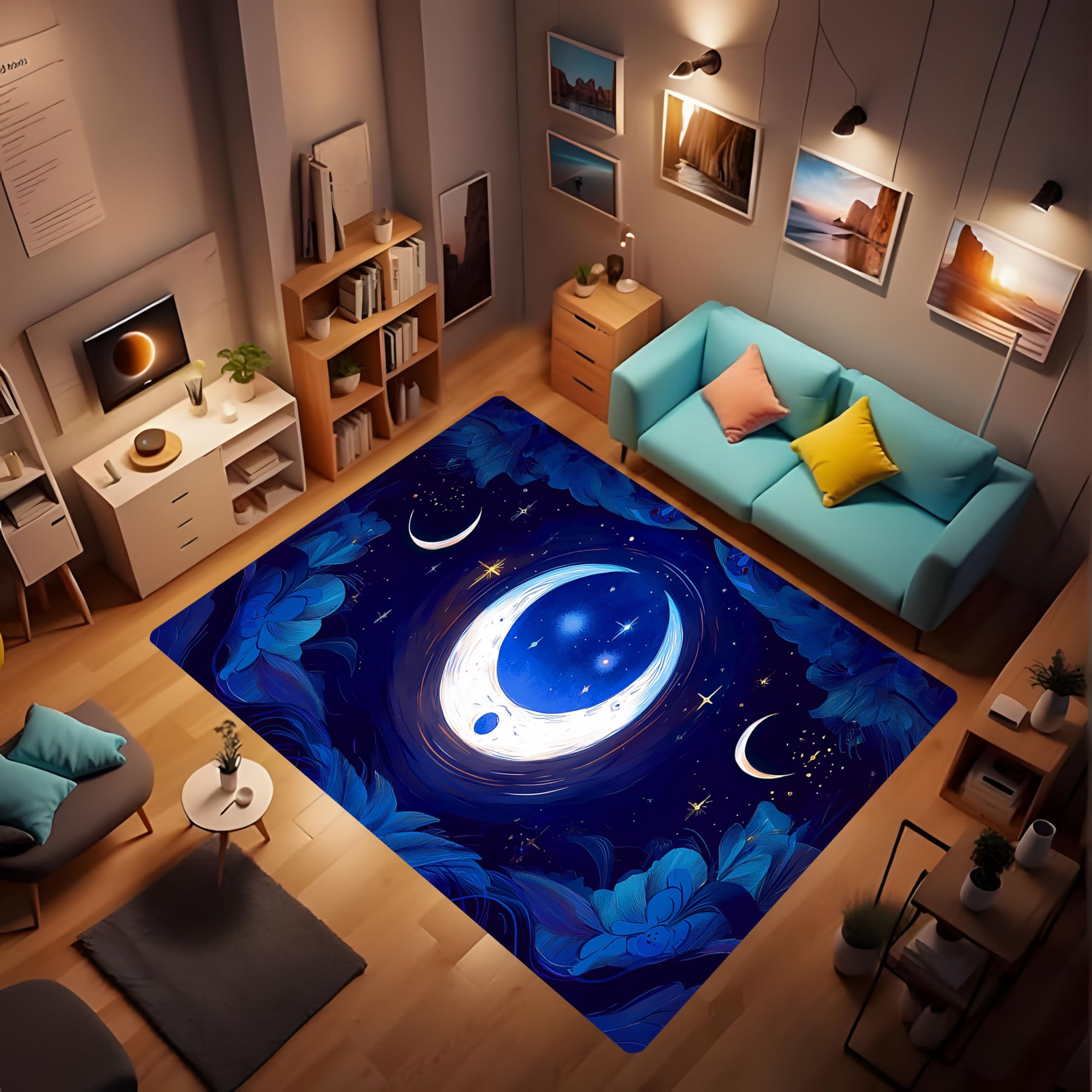 CVDSGEW Moon Cartoon Rug - Starry Background Leaf Feather Dotted Fantasy Moon Rug, Celestial Punk Aesthetic Symmetric Design Fantasy Children's Rug,