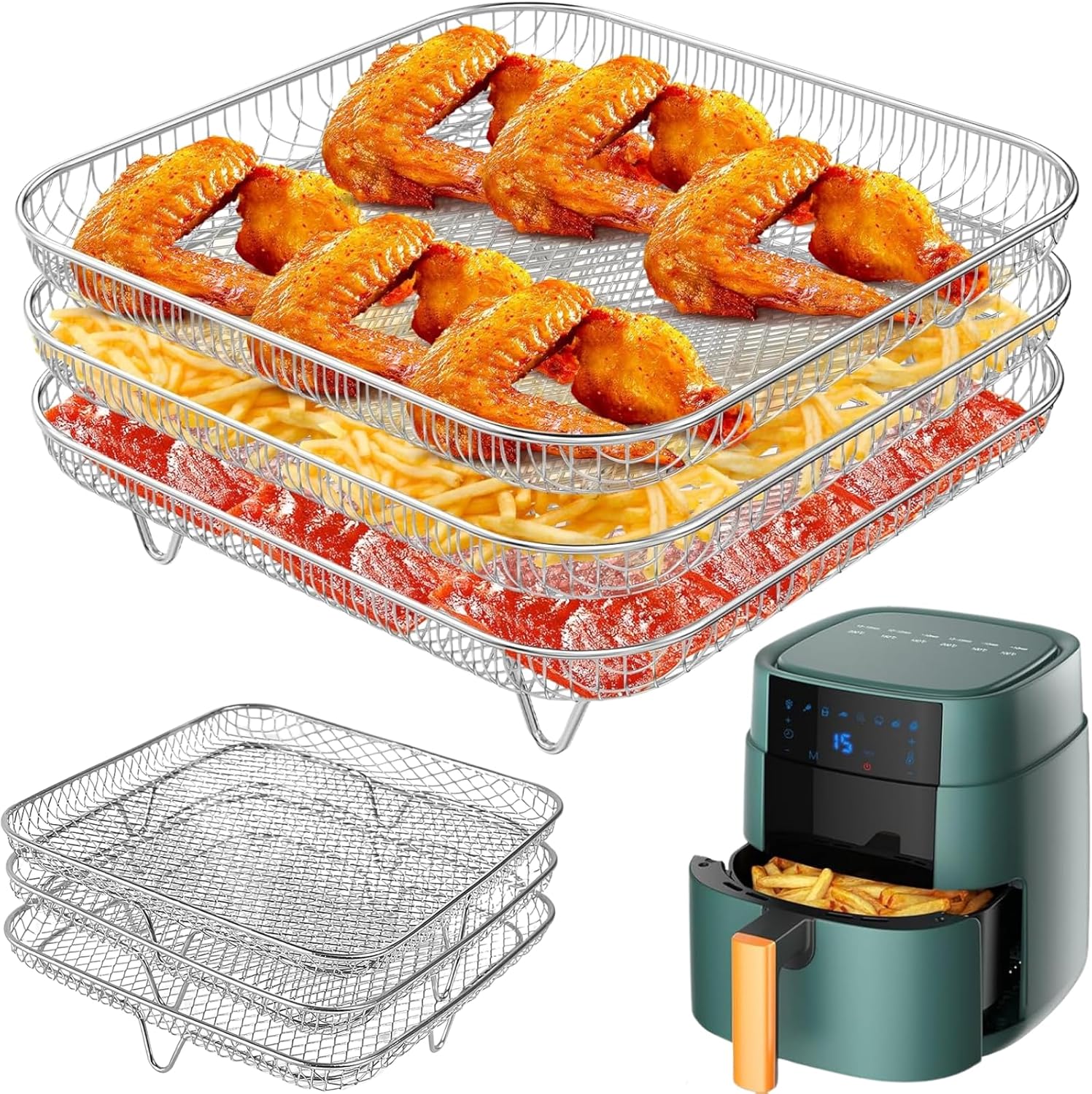 Air Fryer Accessories – 8″ Square 3 Stackable Dehydrator Racks Fits 5.8 QT Racks for Cosori, Instant Vortex, Nuwave Air Fryer, Ninja Foodi Grill 304 Stainless Steel Air Fryer Accessories – 8″ Square 3 Stackable Dehydrator Racks Fits 5.8 QT Racks for Cosori, Instant Vortex, Nuwave Air Fryer, Ninja Foodi Grill 304 Stainless Steel