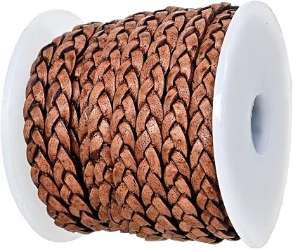 GENIQUE Real/Genuine Flat Braided Leather String Cord for Necklace, Bracelets, Jewelry Making, DIY Projects 5 Metres 5mm, Saddle Brown Distressed