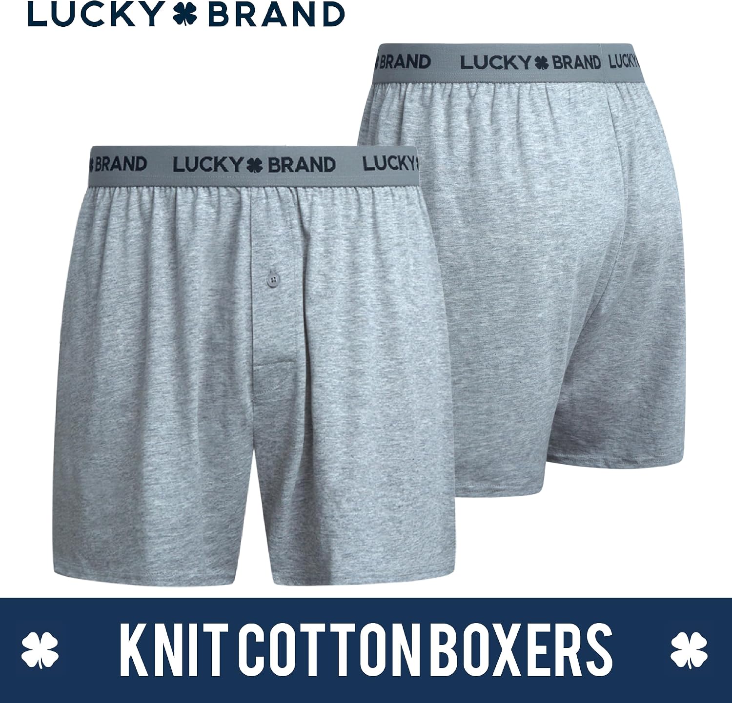 Lucky Brand Mens Boxer Shorts - 3 Pack Super Soft Knit Relaxed Fit Cotton Underwear Boxers for Men with Button Fly, 4" Inseam
