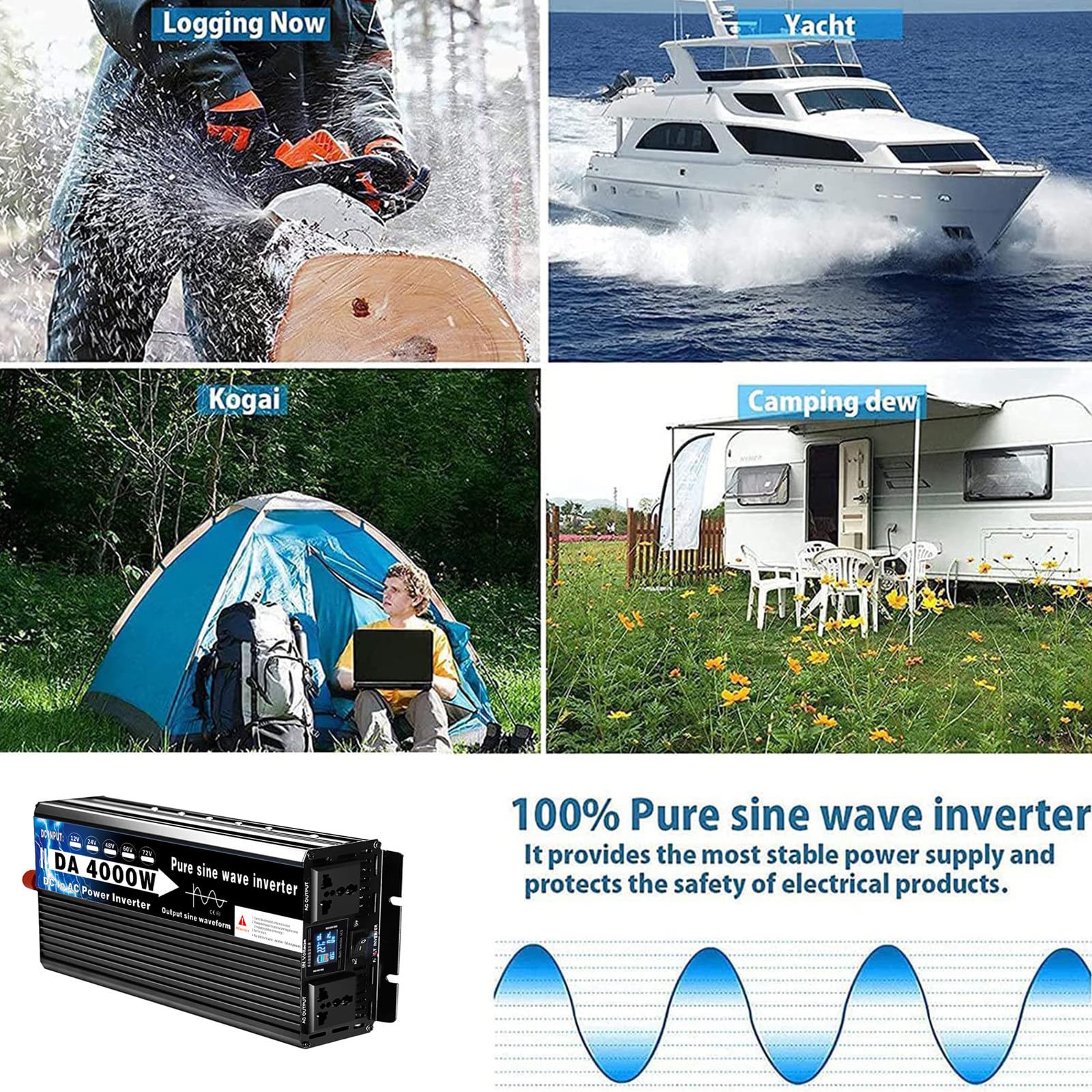 Inversor de Onda sinusoidal Pura de Alta Potencia de 12 V-72 V a 220 V Adecuado para Vacaciones, Viajes de Negocios, Actividades domésticas o al Aire Libre y Camping,12V-2200W