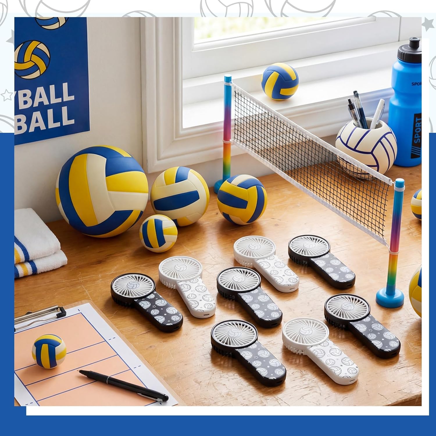 12 Pcs Volleyball Team Gifts Mini Volleyball Handheld Fan Bulk Small Portable Battery Operated Pocket Fan with Lanyard for Players and Lovers Coach Party Favor Goodie Bag (Stylish,Black,White)