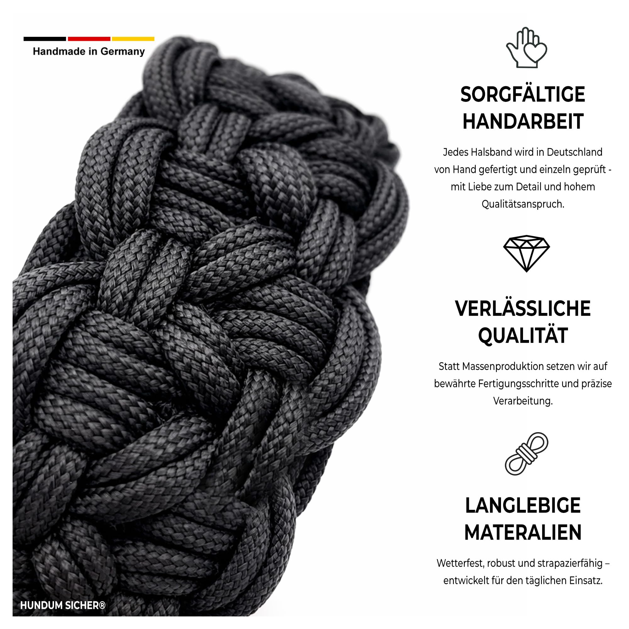 Anti-Diebstahl Hundehalsband & Leine für große Hunde - Abschließbar & schnittfest, handgemachtes Set aus Paracord mit Stahlseil-Kern (Leine M (180cm))