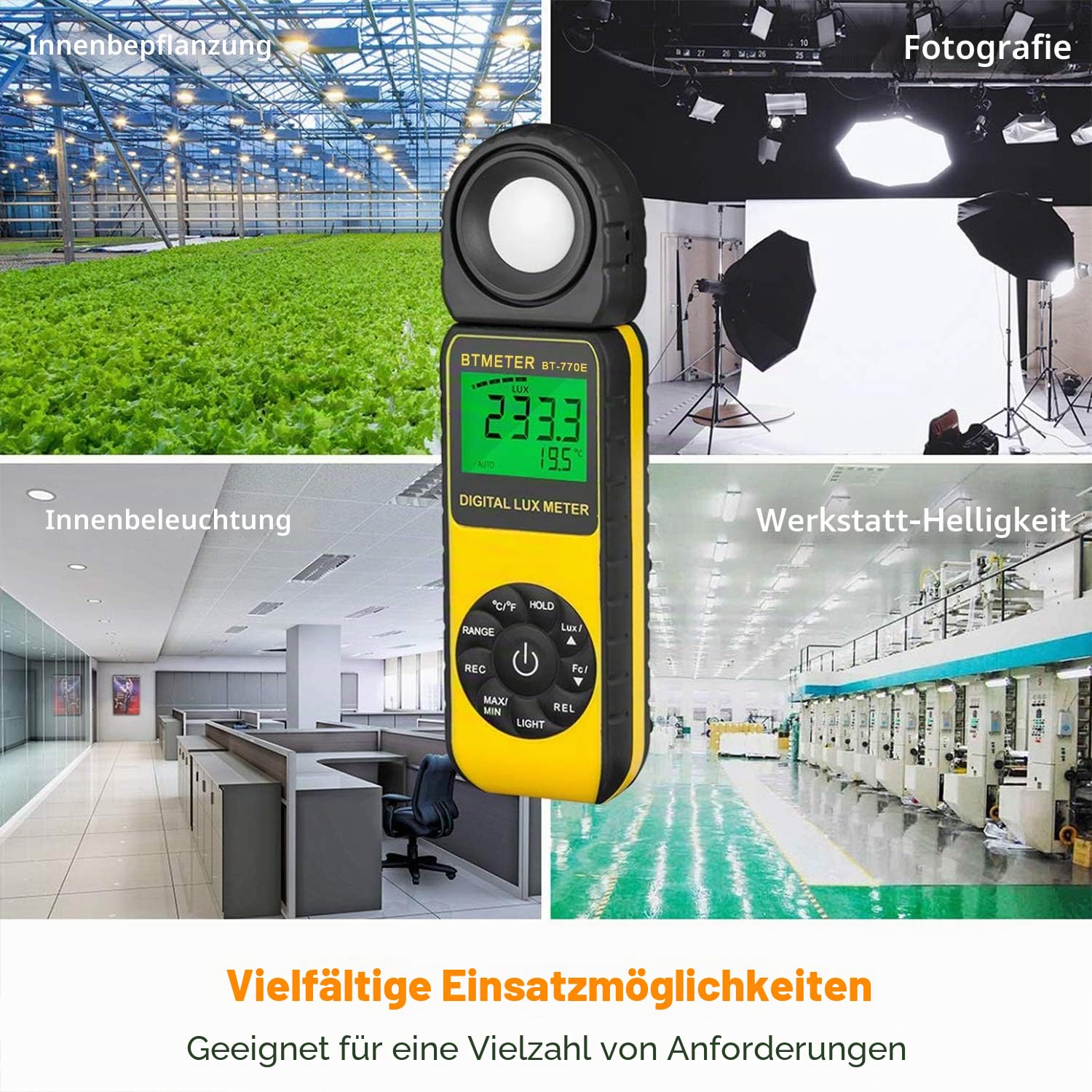 Digital Luxmeter Lichtmessgerät, BTMETER BT-881E Belichtungsmesser 0,01~300,000 Lux/FC Light Meter mit Backlit LCD, Lichtmesser für Fotografie, Pflanzen