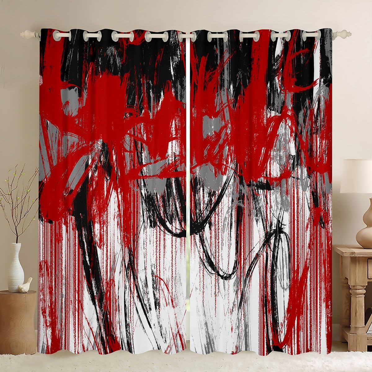 Homemissing Abstract Curtains for Bedroom Living Room Red Grey Black Geometric Blackout Curtains (2 Panels,W66*L90) Modern Art 30%-50% Darkening Blackout Curtain Stripes Window Treatments