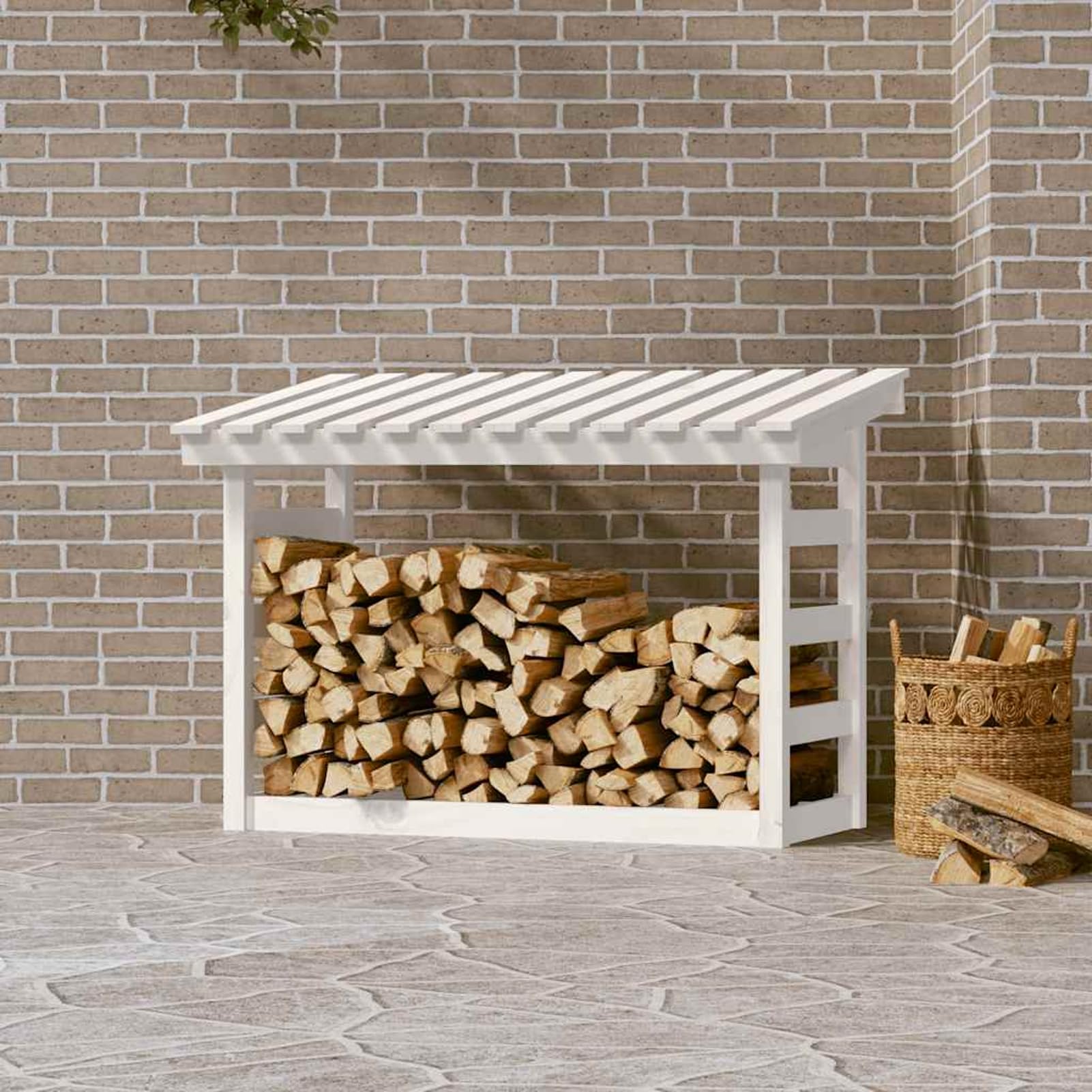 ATOMSTACK MAKER Kaminholzregal aus massivem Kiefernholz, rustikal-weiß, 108 x 64,5 x 78 cm – Brennholzlager mit Luftzirkulation für trockenes, fäulnisfreies Holz – ideal für Kamin, Ofen & Wohnzimmer