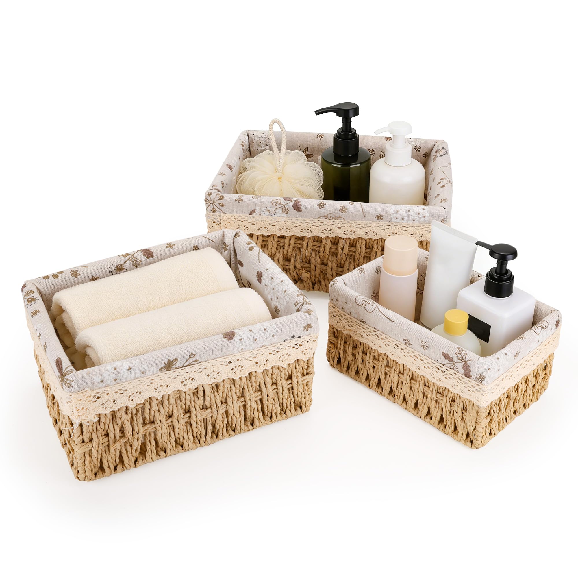 Aramanara 3 Pcs Small Woven Storage Baskets, Rectangle Paper Rope Bathroom Basket, Wicker Hamper Basket for Shelves Cupboards Drawer Closet Dresser(3 Sizes)