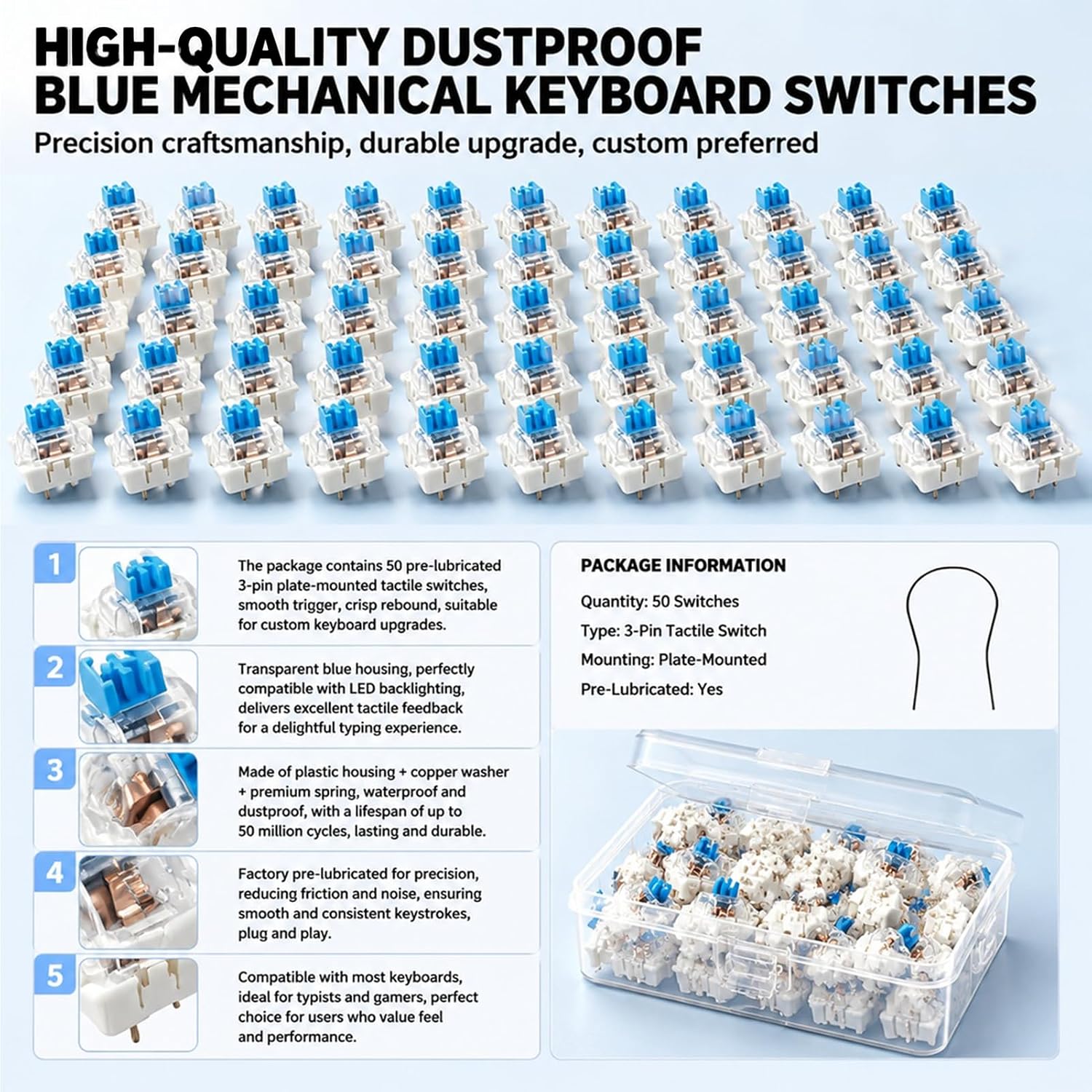 Keyboard Clicker for 3D Prints,for Gaming,DIY Custom Keyboards(Blue) (50+1)