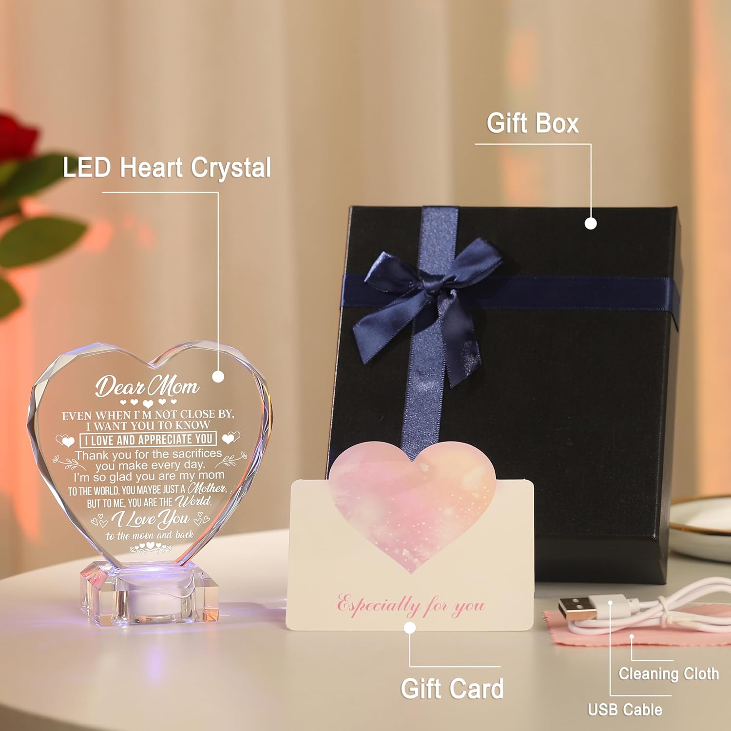 Gifts for Mom Birthday Mothers Day, Perfect Christmas Mothers Valentines Day Birthday Gifts for Mom from Daughter Son, Engraved Mother Crystal Heart with Rechargeable Color-Changing LED Base - Image 8