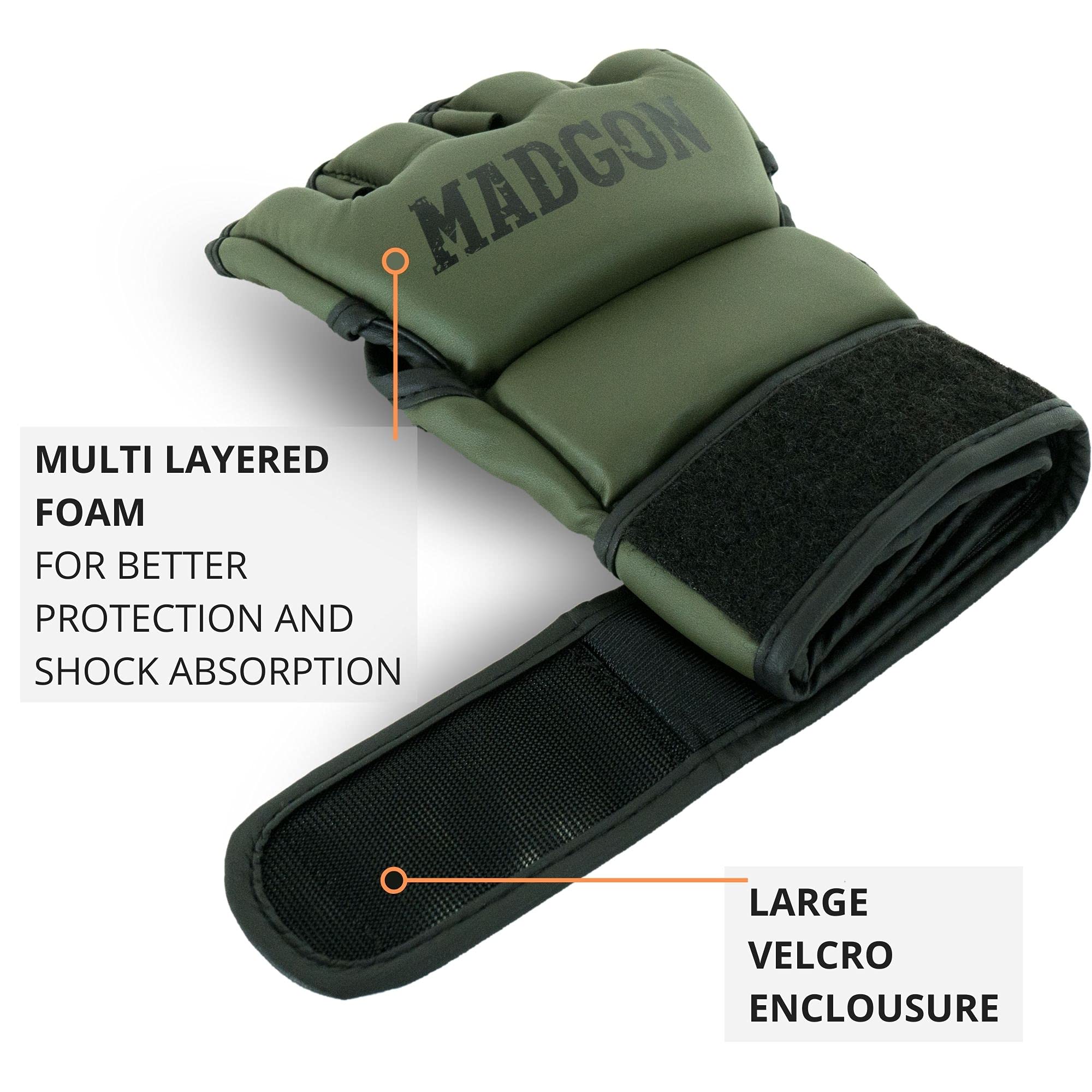 MADGON Guanti MMA con Imbottitura Professionale – Guanti Boxe con Eccellente Supporto per i Polsi – Guanti Palestra Resistenti per Arti Marziali – Sacca Inclusa