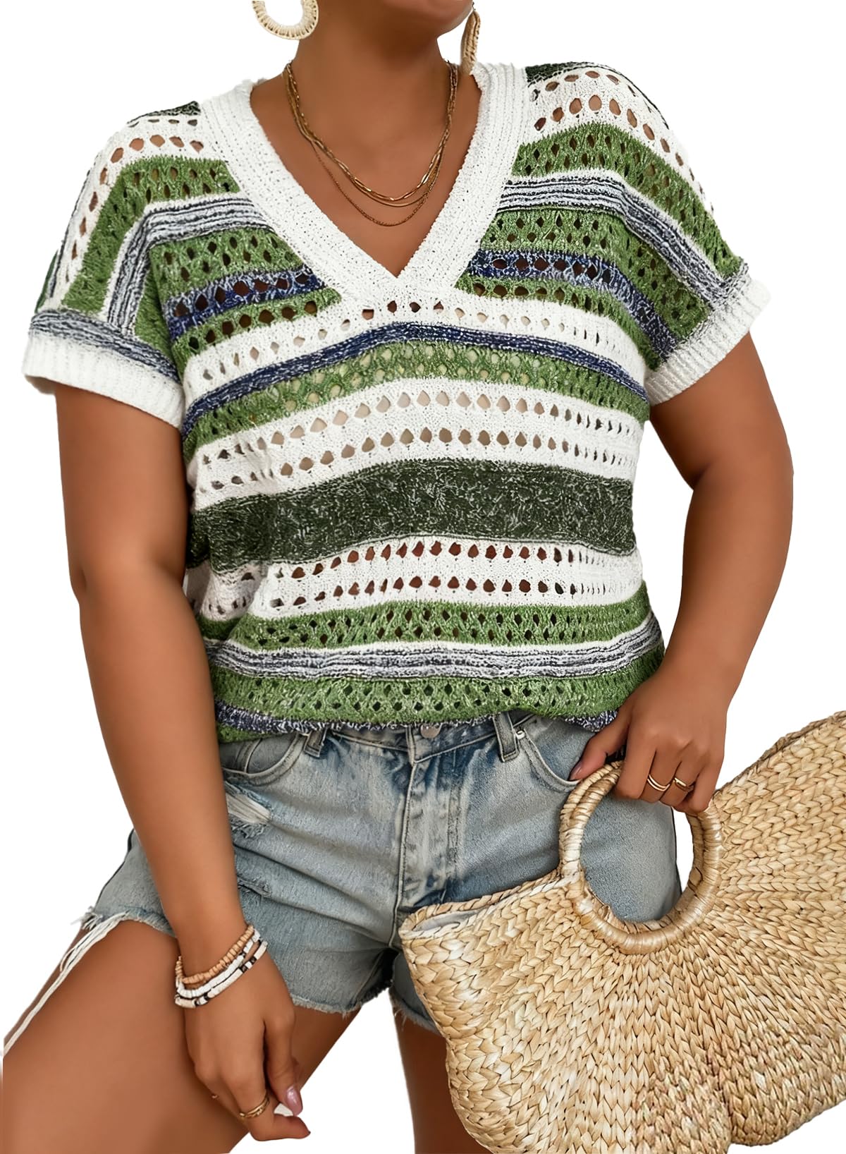 Eytino Plus Size Tops for Women Striped V Neck Short Sleeve Hollow Out Crochet Knit Sweater 2026 Sping
