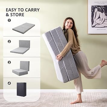 CH Charme House Folding Mattress, 4 Inch Single Tri Folding Memory Foam Mattress for Camping Guest Bed, Washable Cover & Non-Slip Bottom, 75 x 25 x 4, Grey
