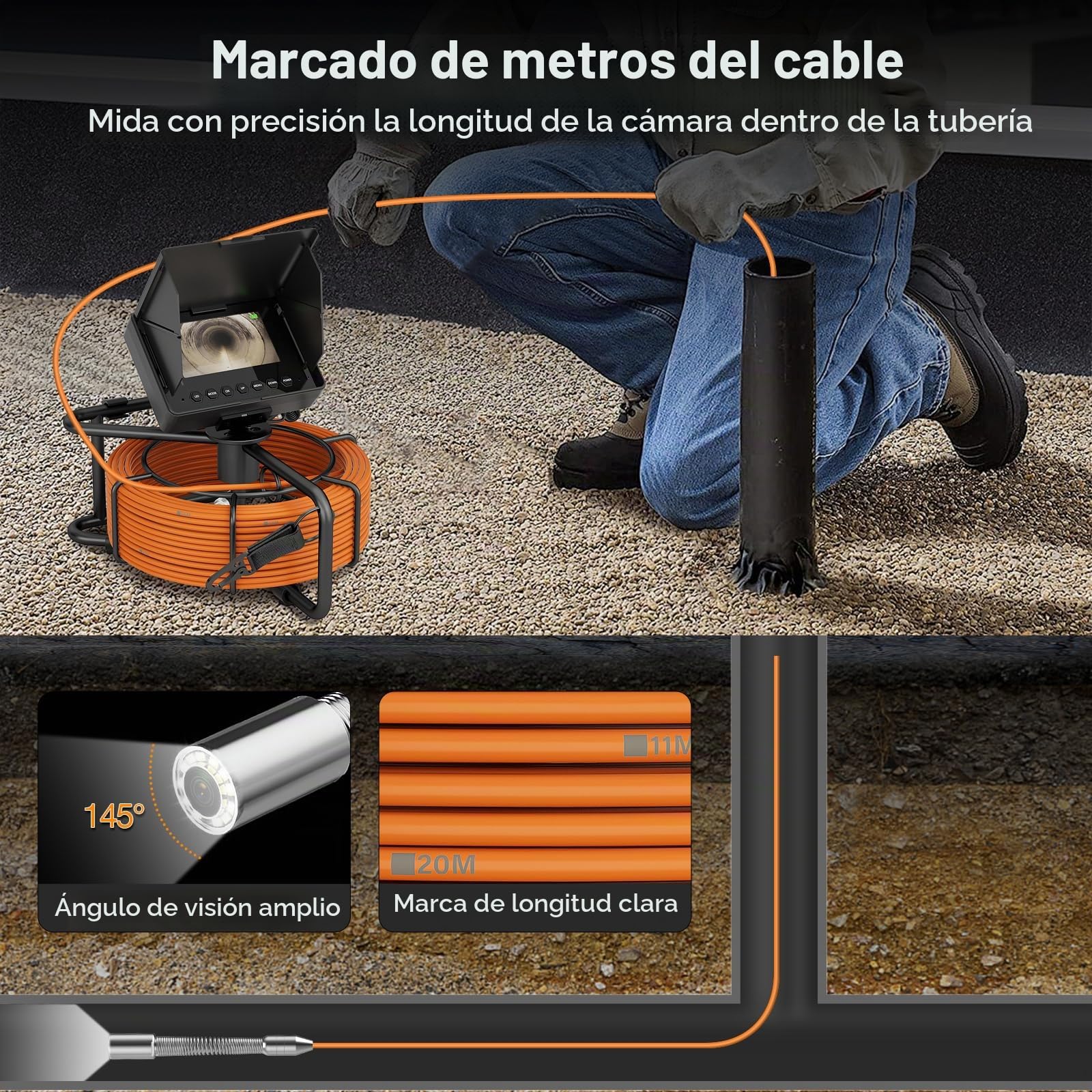 Cámara de Inspección, 4,3" Cámara para Tuberías con Función DVR, Snake Camara con Batería de 8500mAh y Marcadores de Metros, 23mm Endoscopio Industrial con 12 Luces LED (30M)