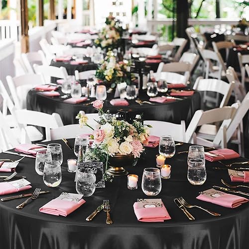Miniatura 7 de Paquete de 10 manteles de satén de 120 pulgadas, color negro, redondo, sedoso, de tela lavable, de seda brillante, para decoración de bodas,