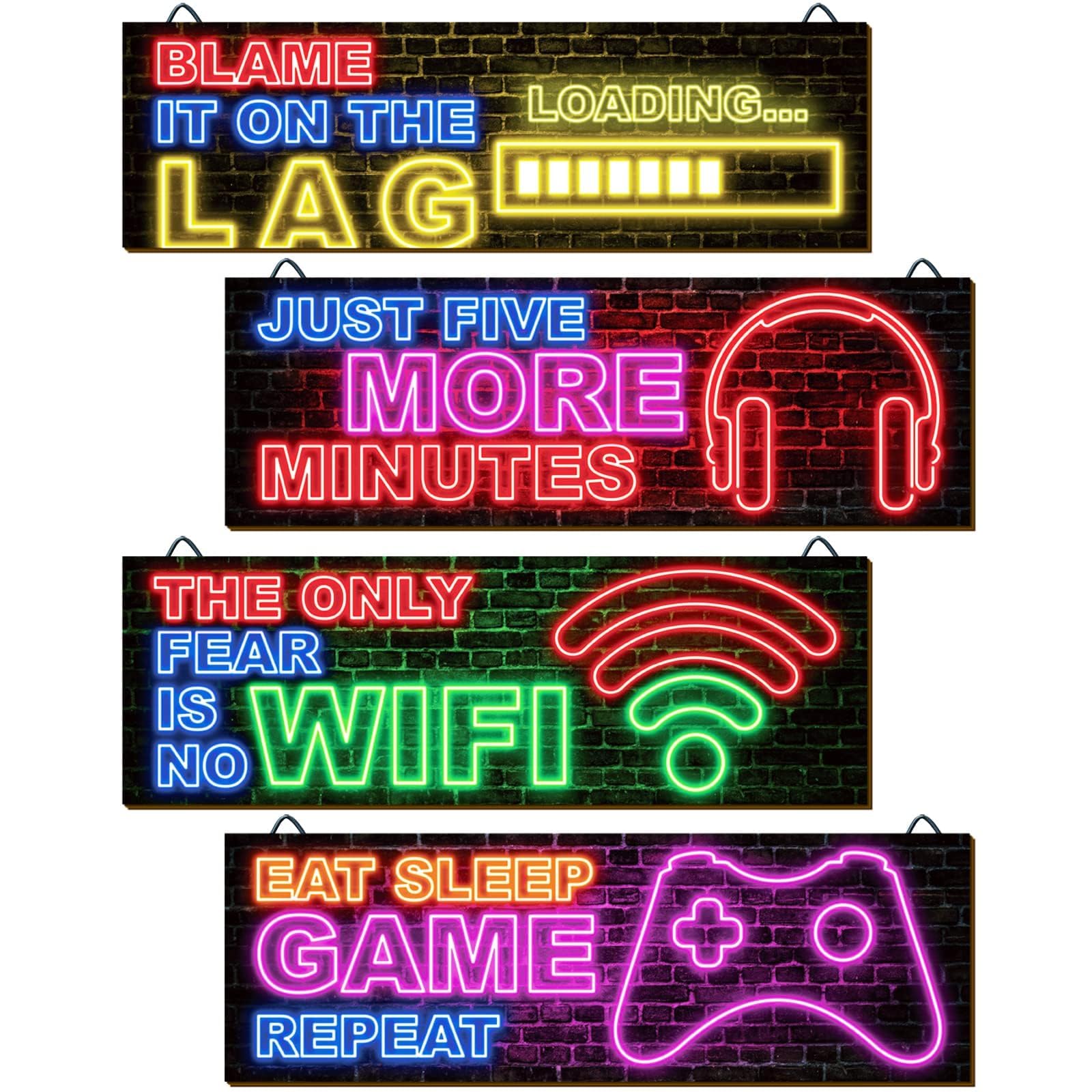 clothmile 4 Pcs Neon Gaming Decor for Boys Room Wooden Video Game Wall Art Motivational Quote Gamer Hanging Plaques Inspirational Wall Decor for Boys Kids Room Bedroom Playroom Decorations (a)