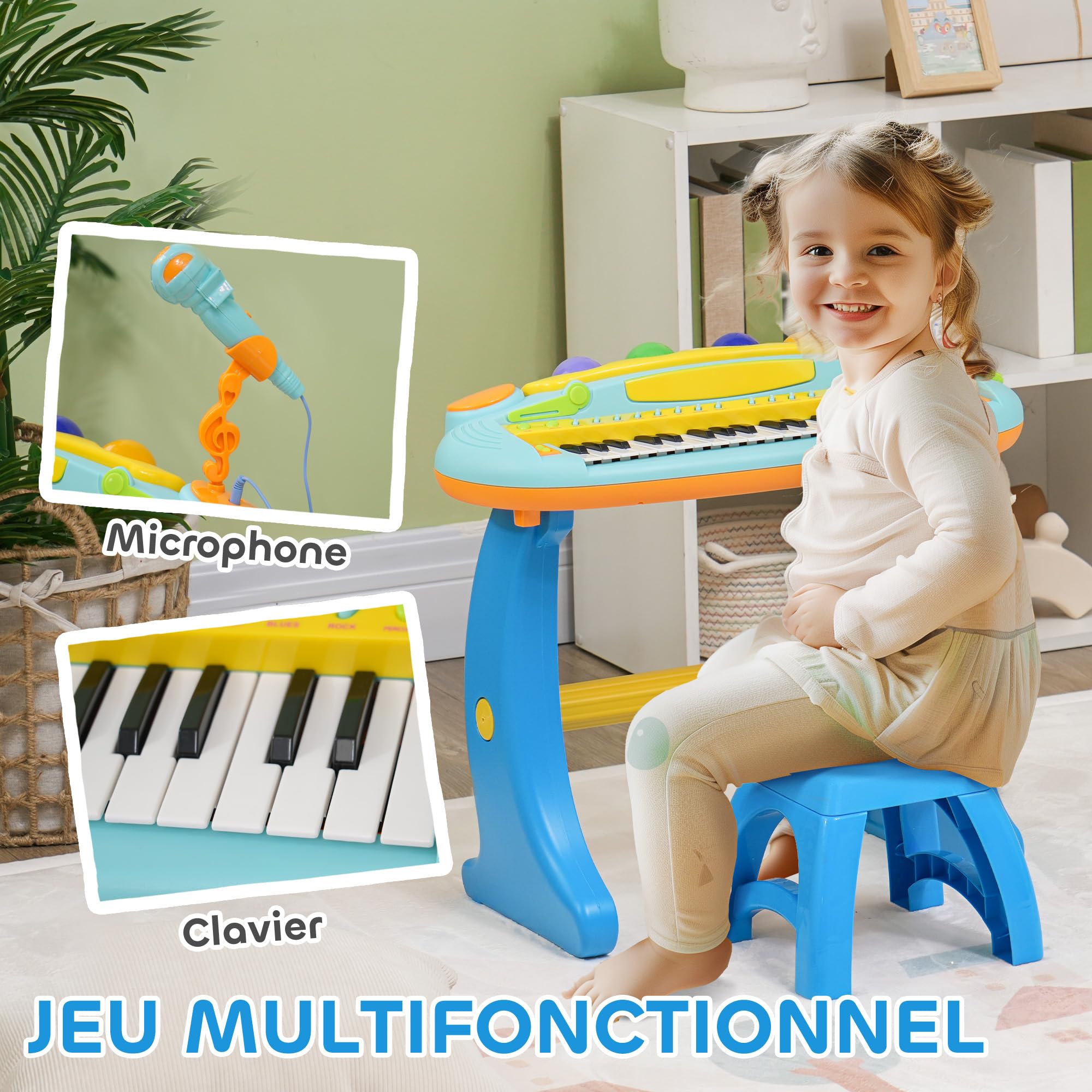 AIYAPLAY Piano Enfant Électronique Clavier 37 Touches Micro 3 à 6 Ans Bleu | Tabouret, Lumière LED, Fonction d'Enregistrement et de Relecture, Instrument de Musique Enfant