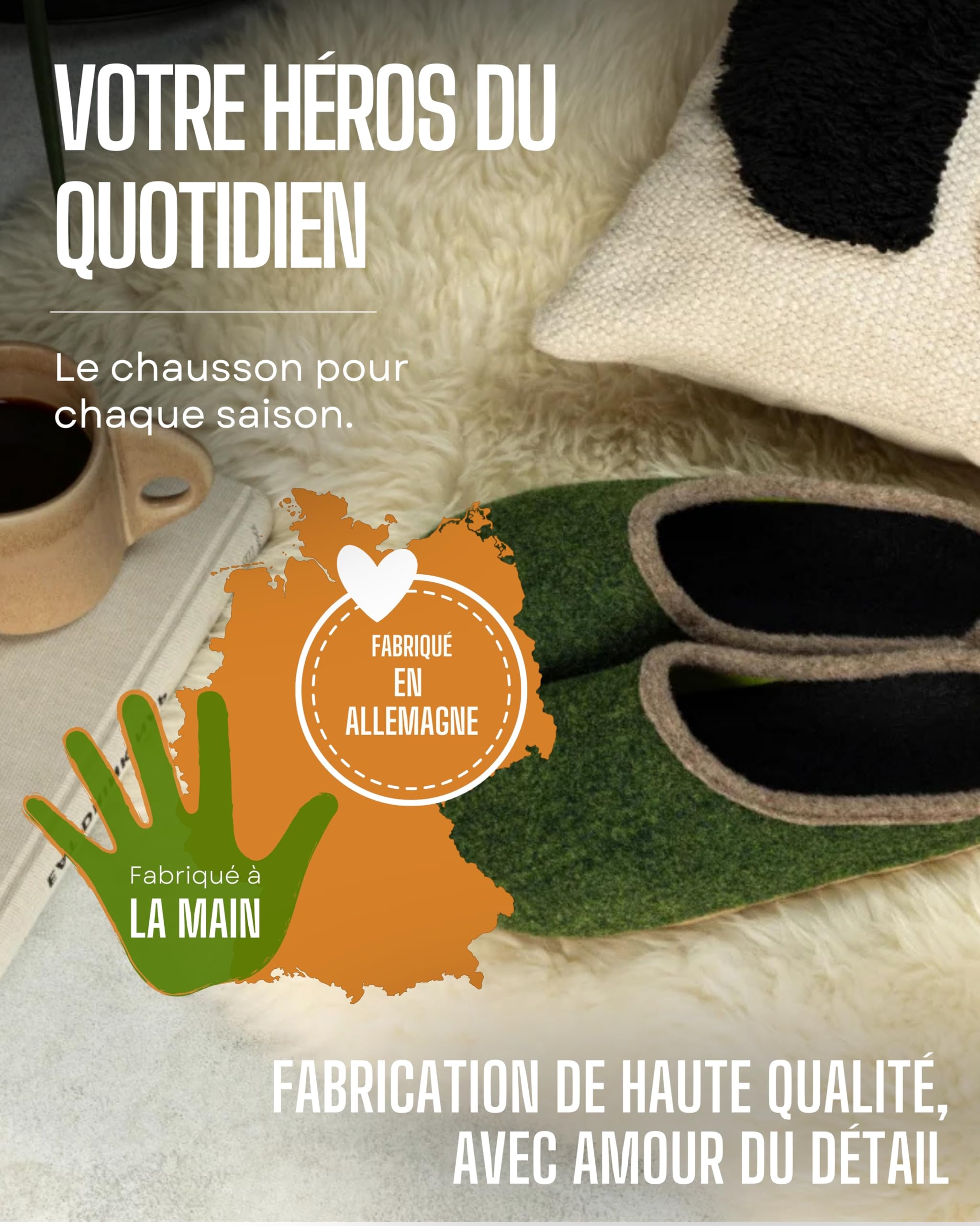 Pantoffelmann sabots en feutre 70 % laine | Tailles 37–47 | Chaussons respirants à semelle antidérapante | Mules chaudes faites main | Pour femmes & hommes