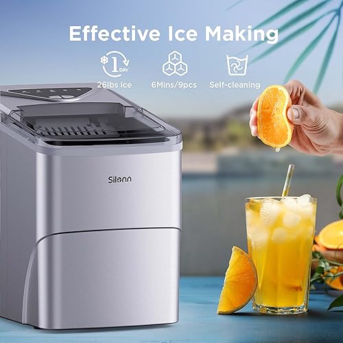 Vista 60 de Silonn - Máquina de hacer hielo para encimera, 9 cubos listos en 6 minutos, 26 libras en 24 horas, autolimpiable, cuchara de hielo y canasta, 2 Negro