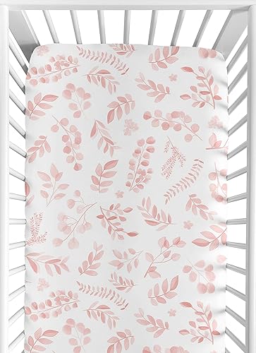 Sweet Jojo Designs Sábana bajera ajustable para cuna de niña con hojas florales rosa y blanco para cama de bebé o niño pequeño bohemio elegante