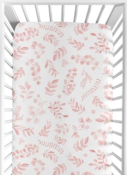 ملاءات سرير أطفال ملائمة من Sweet Jojo Designs على شكل أوراق زهور وردية من Boho للفتيات، حضانة أطفال، غرفة نوم أطفال صغار - مرتبة قياسية الحجم على الطراز البوهيمي، ألوان مائية نباتية، زهور، حديقة استوائية، أحمر خدود