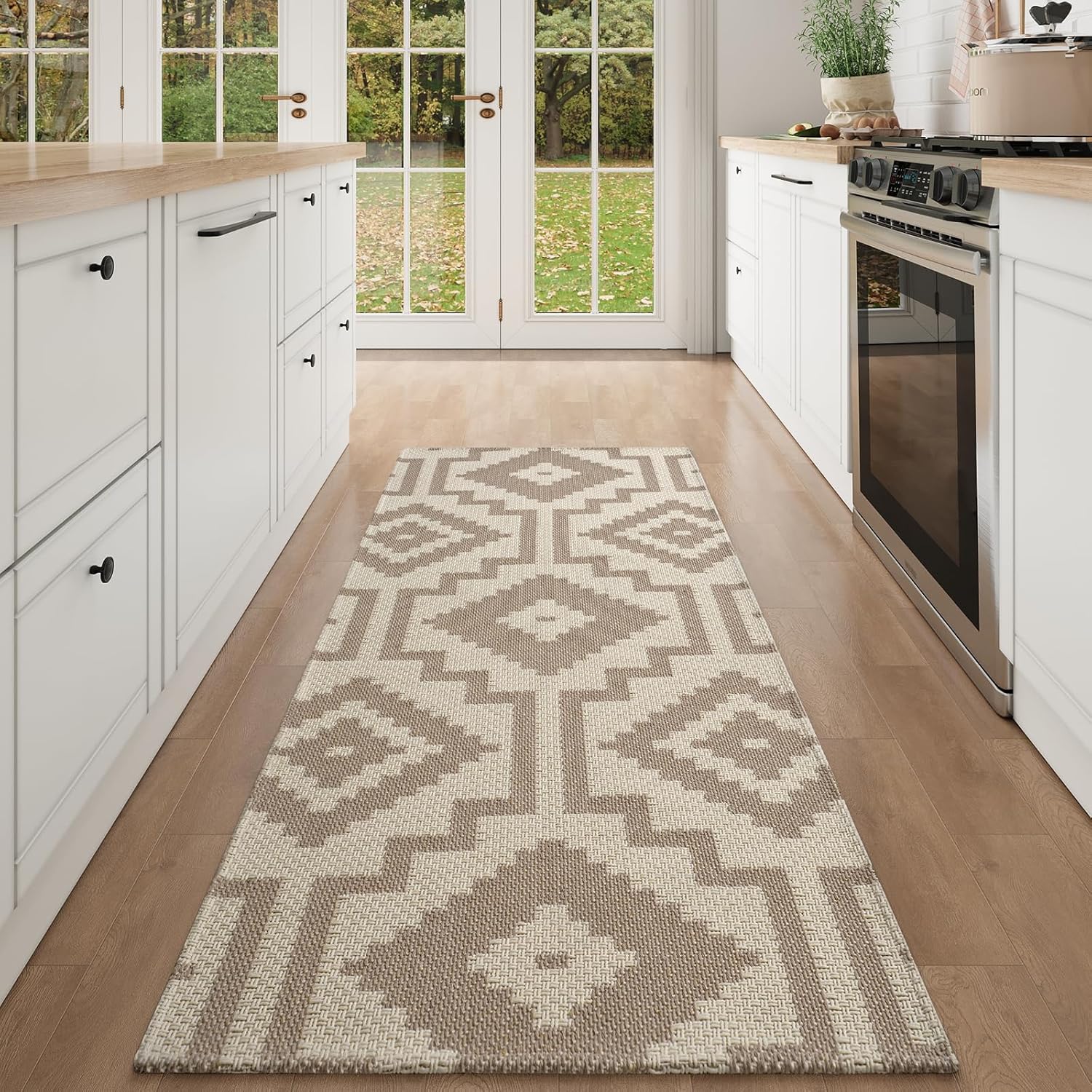 2x5 ft Boho Kitchen Runner Rug Non Slip,Washable Woven Runners for Hallways,Low Pile Thin Entryway Rugs Floor Carpet for Indoor,Bedroom,Kitchen and Living Room,Brown Geometric 2'×5' Brown