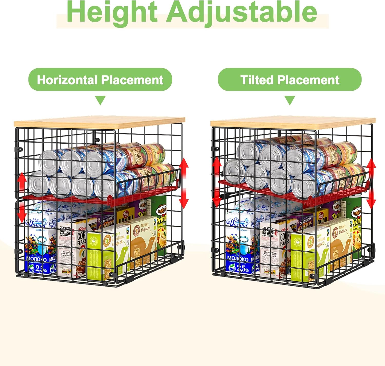 4 Pack Stackable Wire Baskets for Pantry Organizers and Storage, Pantry Baskets with Fixed Wooden Top, Fruit and Vegetable Storage Bins for Organizing Onion Potato Snack for Kitchen Cabinet/Countertop