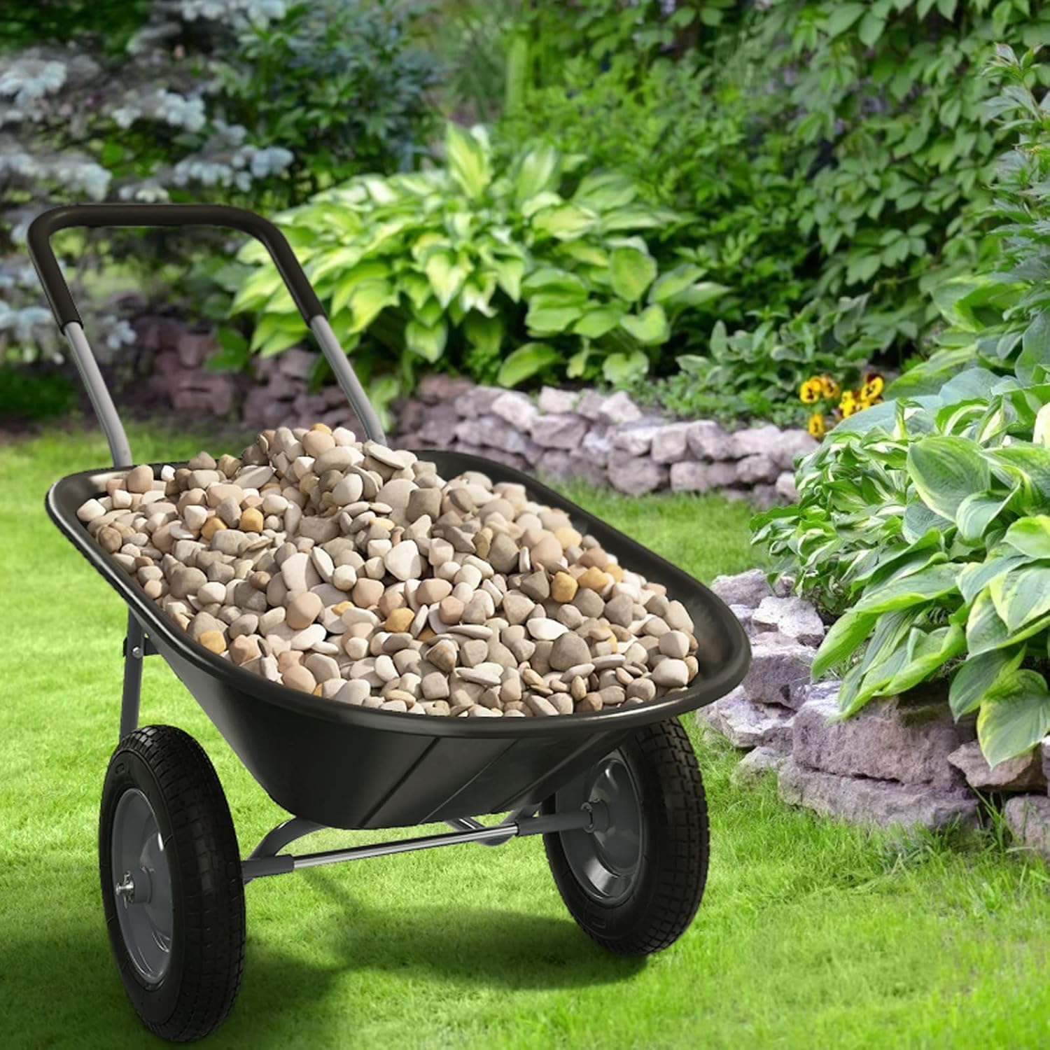 GYMAX Carretilla de Jardín de 100 litros de Volumen con 2 Neumáticos de Aire, Carretilla de Transporte con Asa, Carretilla de Construcción de hasta 100 kg, Apto para Patio y Almacén (Negro)