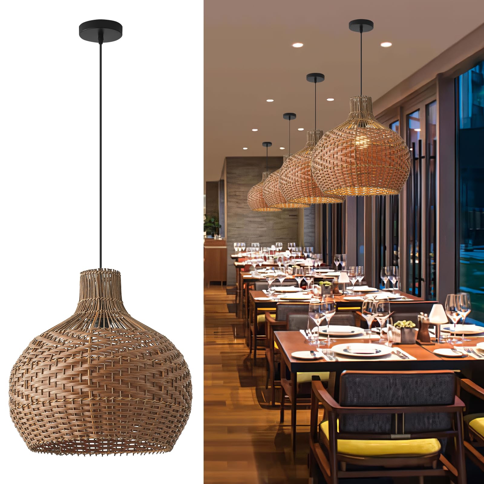 Teru Ji Kaikang Bamboo Pendant Light Fixture,11.8" Brown Hand-Woven Rattan Boho Hanging Lamp,for Dining Living Bedroom Kitchen Farmhouse