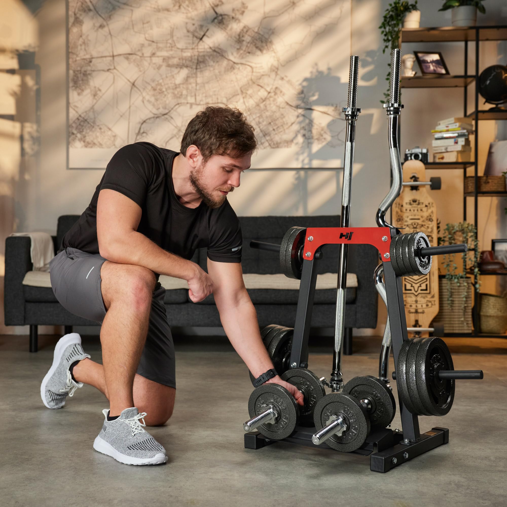 HOP-SPORT Langhantelständer - Hantelscheiben-Ständer Hantelständer für Kurzhanteln Ablage für Gewichte und Hantelstangen bis 200kg