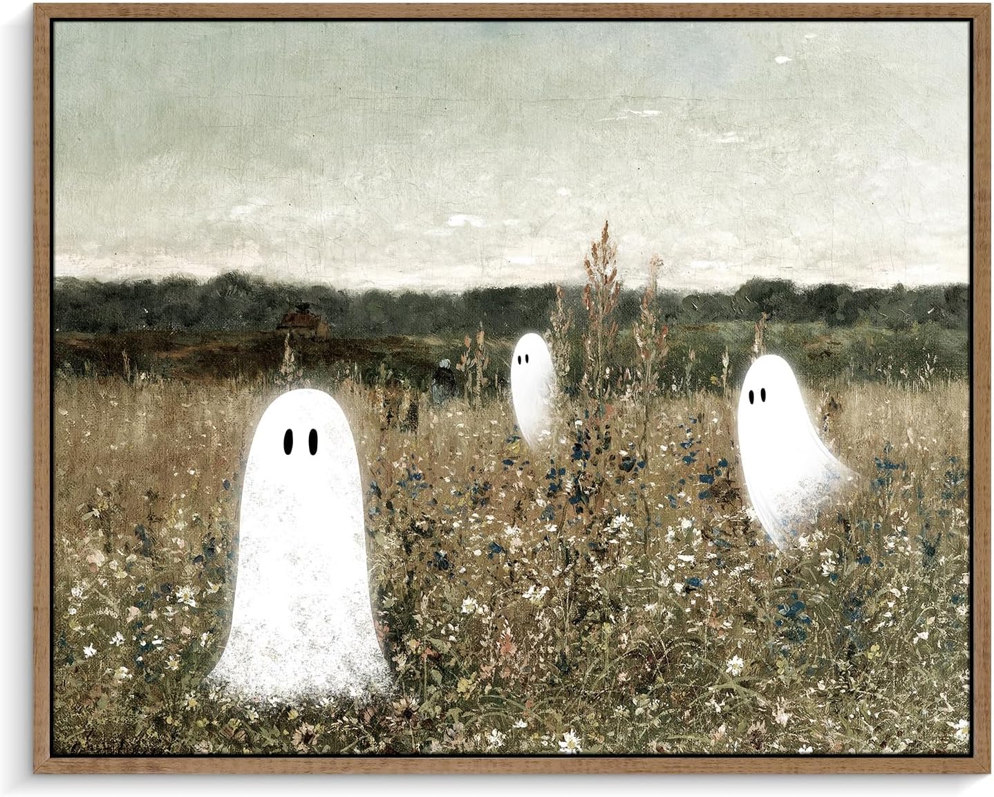 Pinetree Art Funny Framed Easter Canvas Wall Art for Living Room, Cute Ghosts at Wildflower Meadow Painting Prints- Vintage Spooky Wall Art for Bedroom Home Decor (12" x 16", K)