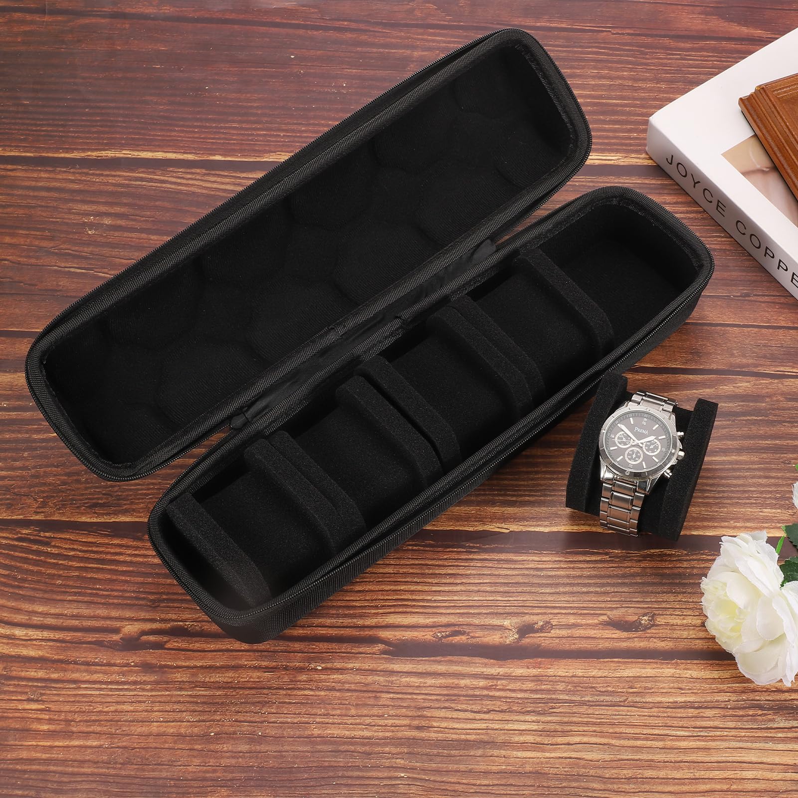 Custodia Rigida da Viaggio per Orologi con 5 Scomparti, Organizer per Orologi da Uomo e da Donna con Morbido Cuscino per la Maggior Parte degli Orologi e smartwatch Fino a 40 mm, Nera.