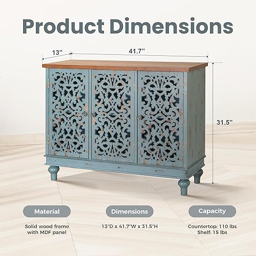 Miniatura 2 de PHI VILLA Armario decorativo con puertas – Aparador de buffet desgastado para sala de estar, comedor, pasillo, armario de almacenamiento azul